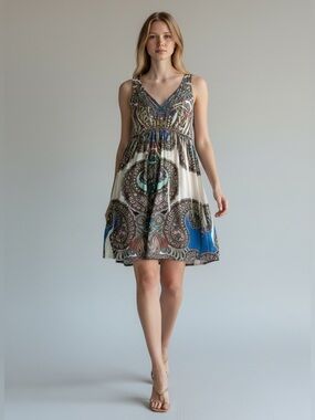 One World Boho Babydoll Dress Flowy Sleeveless Mini Cream Blue Paisley Medium